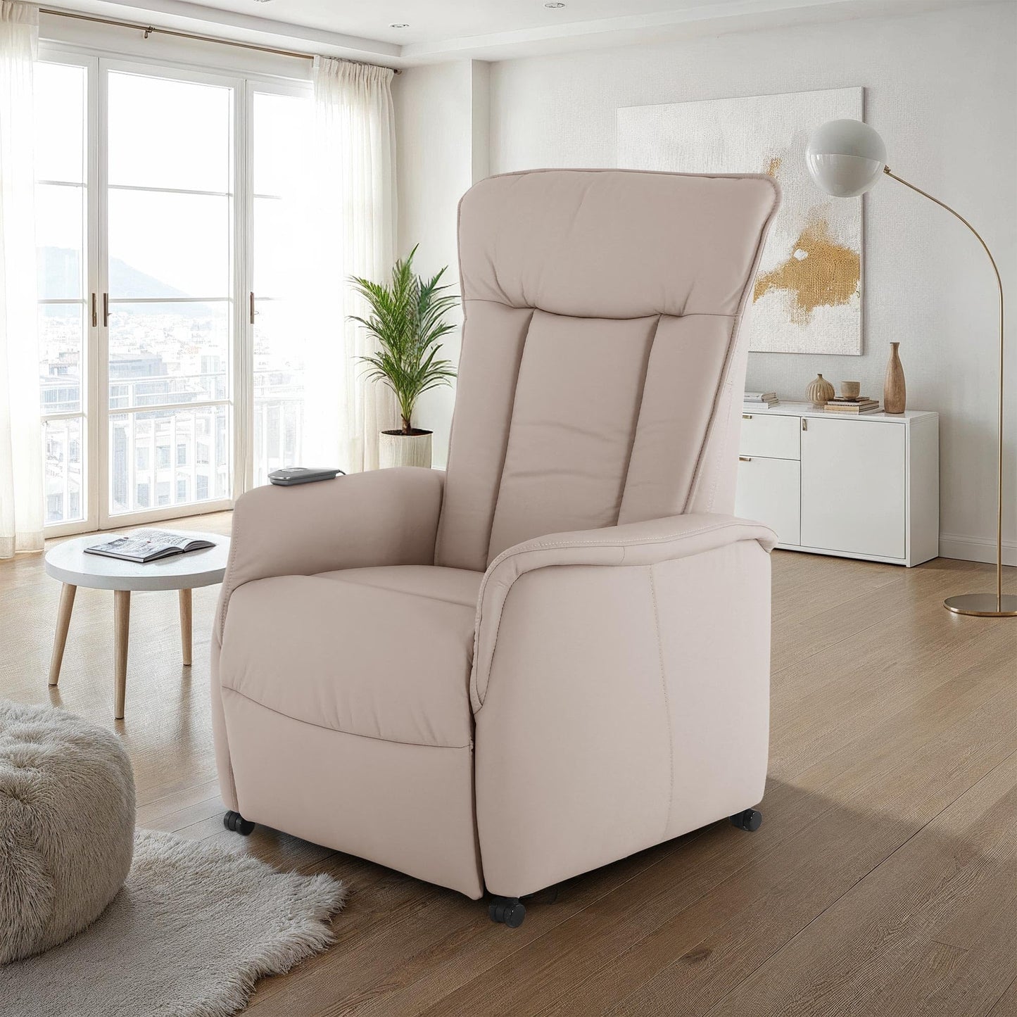 **Raburg Marie Fernsehsessel mit Aufstehhilfe | Elektrisch verstellbar, Liegefunktion, Komfortschaum, Leder/Kunstleder, Naturgrau**