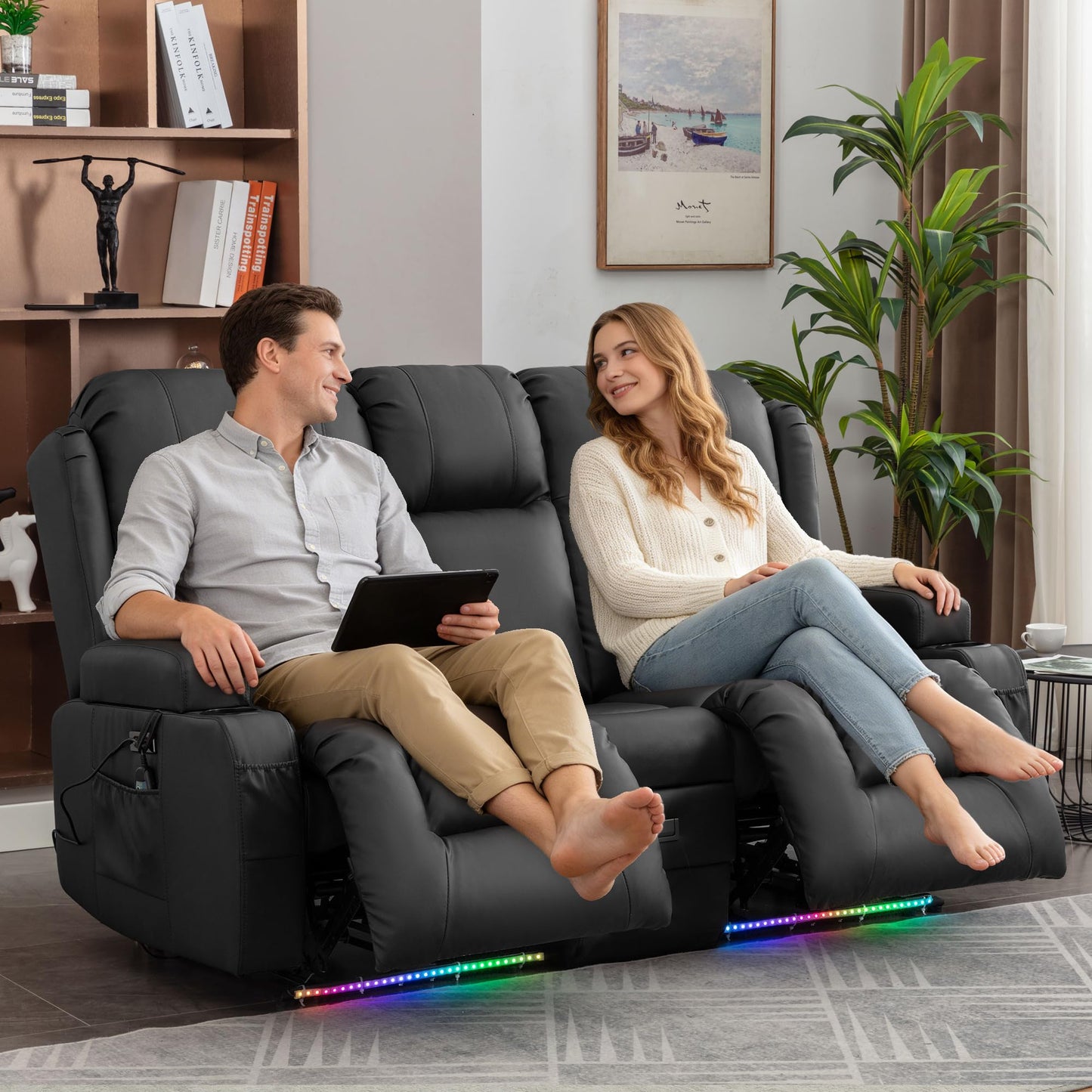 **SnyFivv Elektrischer Relaxsessel 2-Sitzer | Liegefunktion, Heizung & Massage, USB/Type-C, Getränkehalter, Kunstleder, Schwarz**