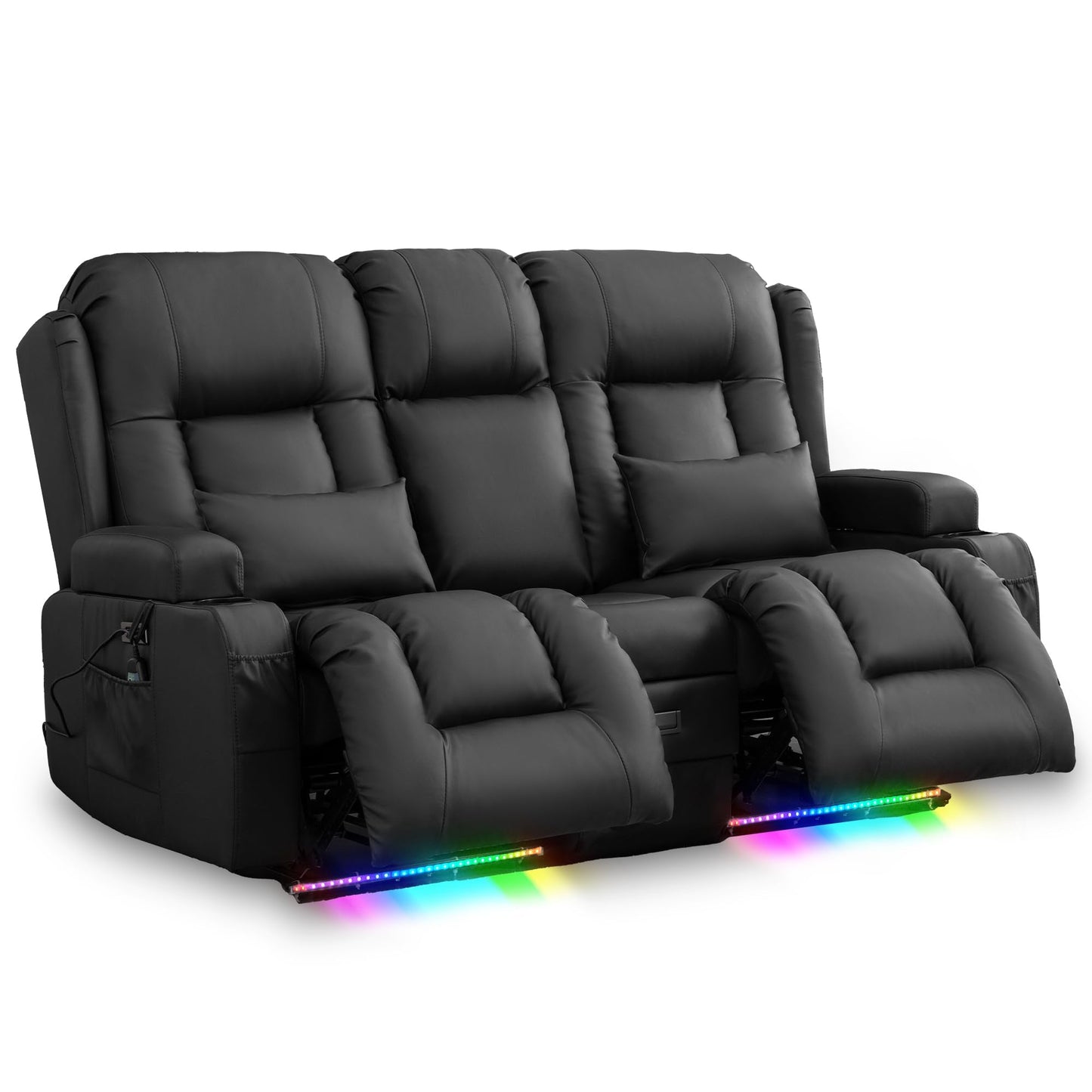 **SnyFivv Elektrischer Relaxsessel 2-Sitzer | Liegefunktion, Heizung & Massage, USB/Type-C, Getränkehalter, Kunstleder, Schwarz**