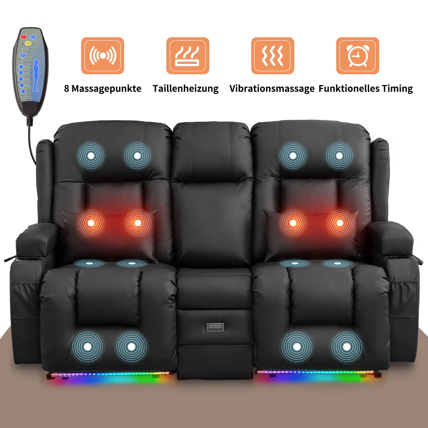**SnyFivv Elektrischer Relaxsessel 2-Sitzer | Liegefunktion, Heizung & Massage, USB/Type-C, Getränkehalter, Kunstleder, Schwarz**