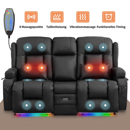 **SnyFivv Elektrischer Relaxsessel 2-Sitzer | Liegefunktion, Heizung & Massage, USB/Type-C, Getränkehalter, Kunstleder, Schwarz**