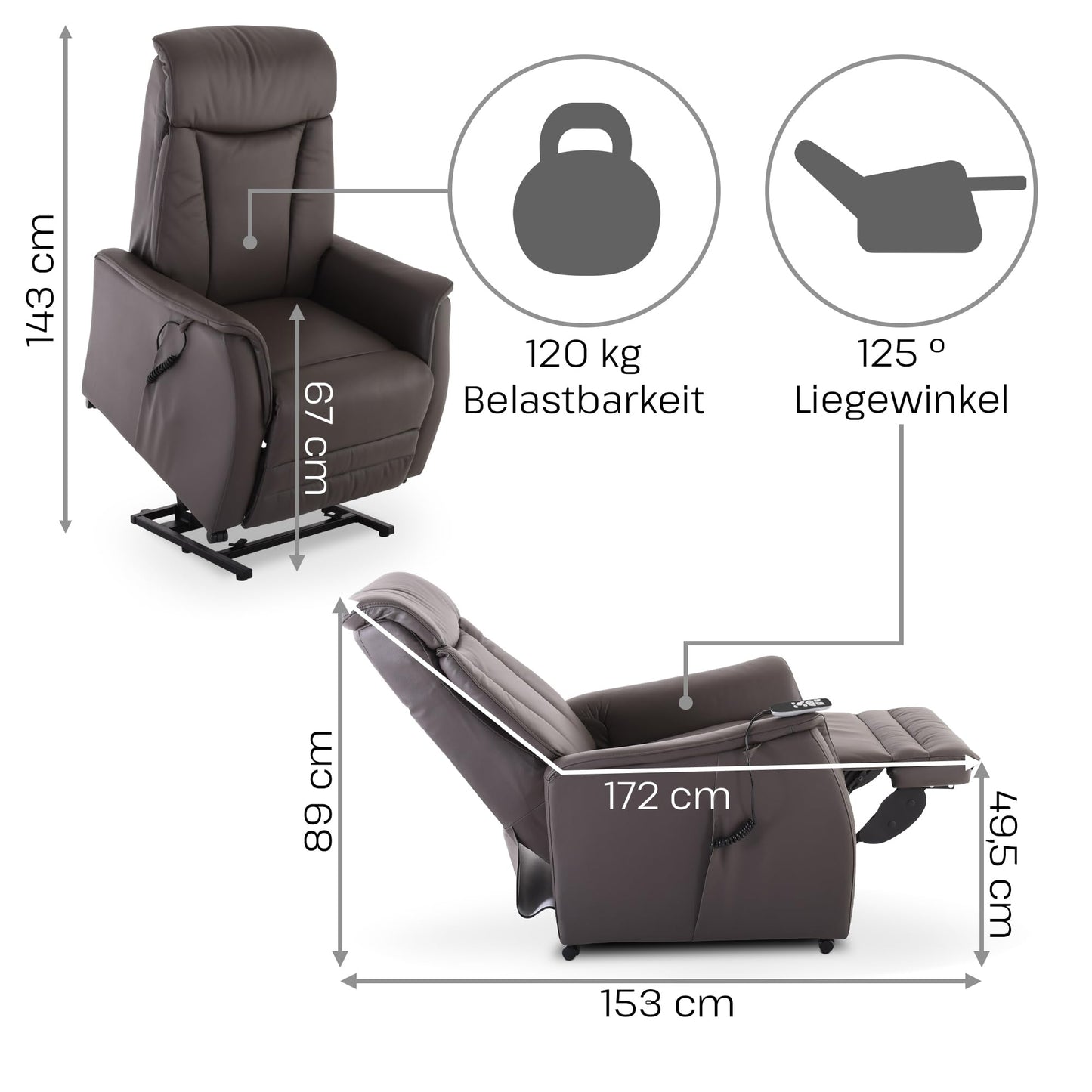 **Raburg EOS 2 Fernsehsessel mit Aufstehhilfe | 2 Motoren, Liegefunktion, Sitzheizung, Taschenfederkern, Leder/Kunstleder, Dunkelbraun**