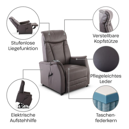 **Raburg EOS 2 Fernsehsessel mit Aufstehhilfe | 2 Motoren, Liegefunktion, Sitzheizung, Taschenfederkern, Leder/Kunstleder, Dunkelbraun**