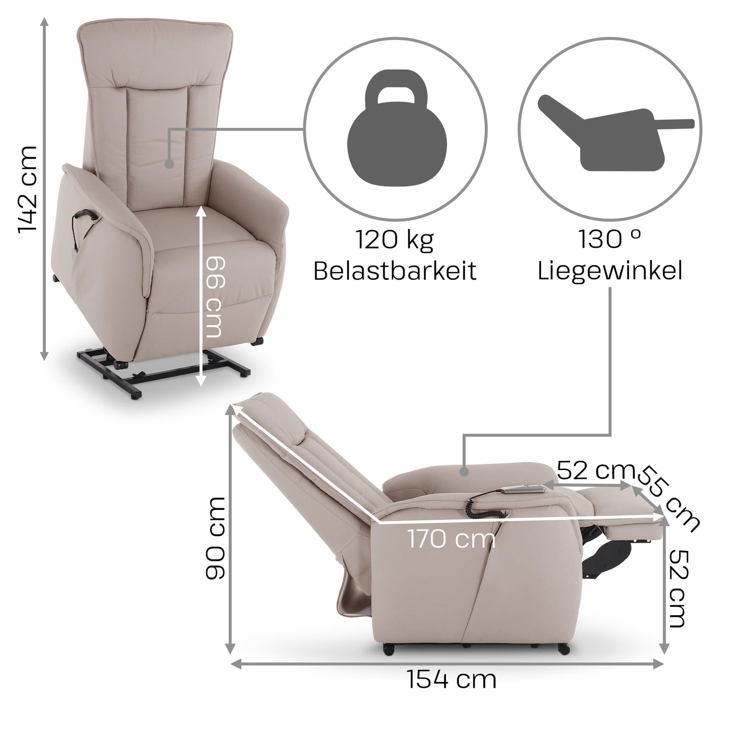 **Raburg Marie Fernsehsessel mit Aufstehhilfe | Elektrisch verstellbar, Liegefunktion, Komfortschaum, Leder/Kunstleder, Naturgrau**
