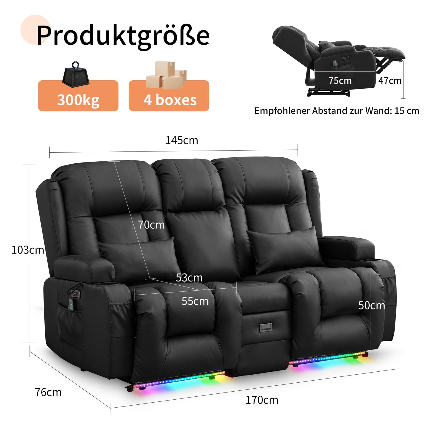 **SnyFivv Elektrischer Relaxsessel 2-Sitzer | Liegefunktion, Heizung & Massage, USB/Type-C, Getränkehalter, Kunstleder, Schwarz**