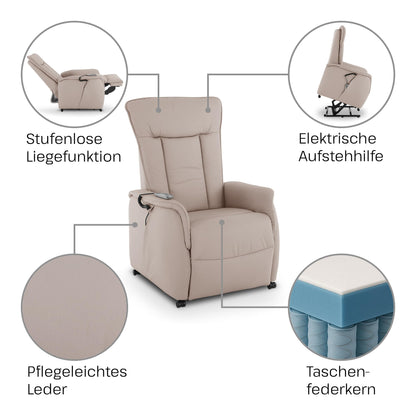 **Raburg Marie Fernsehsessel mit Aufstehhilfe | Elektrisch verstellbar, Liegefunktion, Komfortschaum, Leder/Kunstleder, Naturgrau**