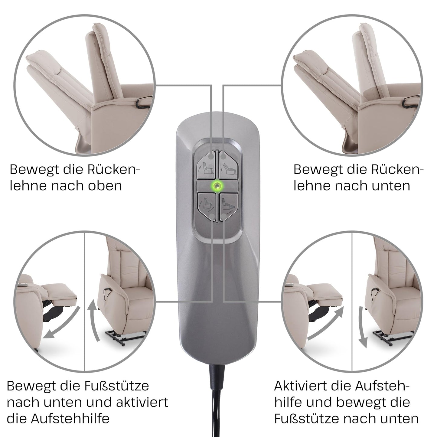 **Raburg Marie Fernsehsessel mit Aufstehhilfe | Elektrisch verstellbar, Liegefunktion, Komfortschaum, Leder/Kunstleder, Naturgrau**