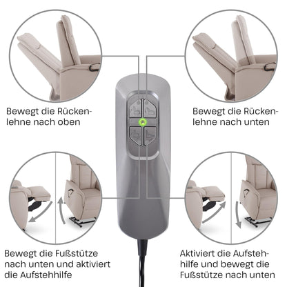 **Raburg Marie Fernsehsessel mit Aufstehhilfe | Elektrisch verstellbar, Liegefunktion, Komfortschaum, Leder/Kunstleder, Naturgrau**