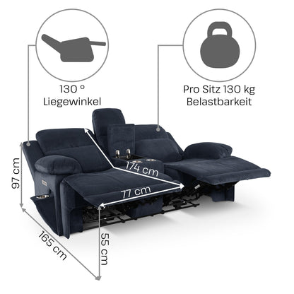**Raburg Kinosessel 2er-Set Snax | Elektrischer Relax- & Liegesessel, Getränkehalter, Snackfach, Cord-Mikrofaser, Dunkelblau**