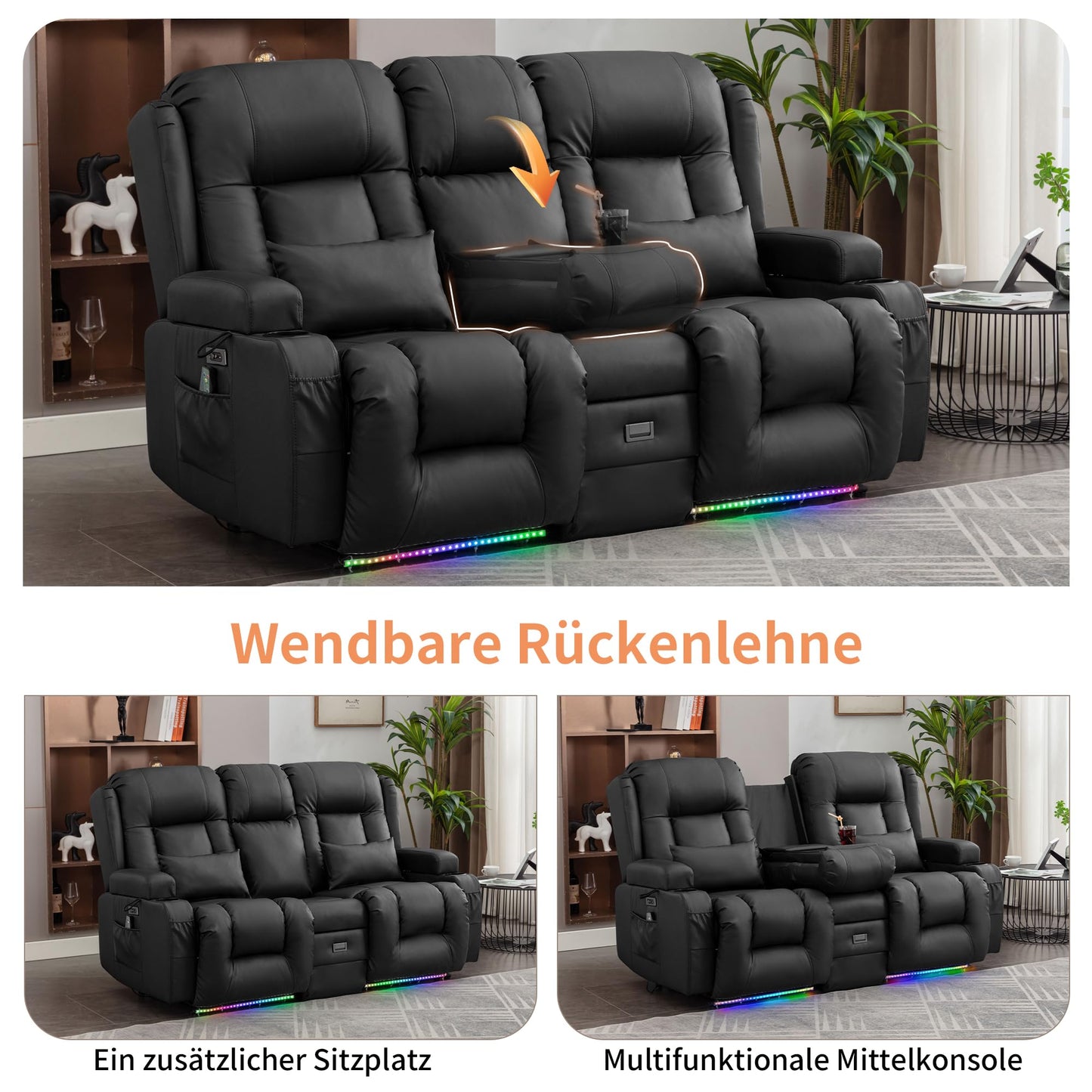 **SnyFivv Elektrischer Relaxsessel 2-Sitzer | Liegefunktion, Heizung & Massage, USB/Type-C, Getränkehalter, Kunstleder, Schwarz**