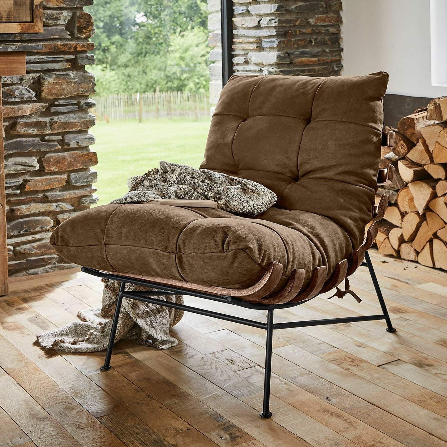 **Loberon Sessel Horraine | Relax-Sessel, Rindsleder, Eisen & Kautschukholz, großzügig gepolstert, braun/grau**