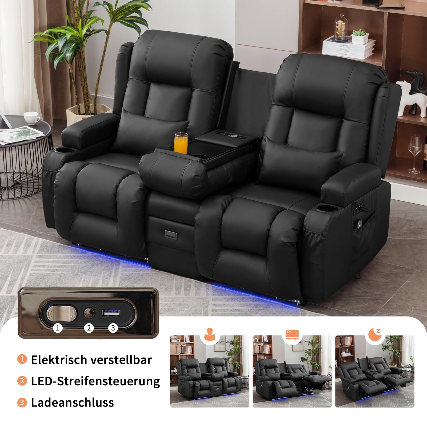 **SnyFivv Elektrischer Relaxsessel 2-Sitzer | Liegefunktion, Heizung & Massage, USB/Type-C, Getränkehalter, Kunstleder, Schwarz**