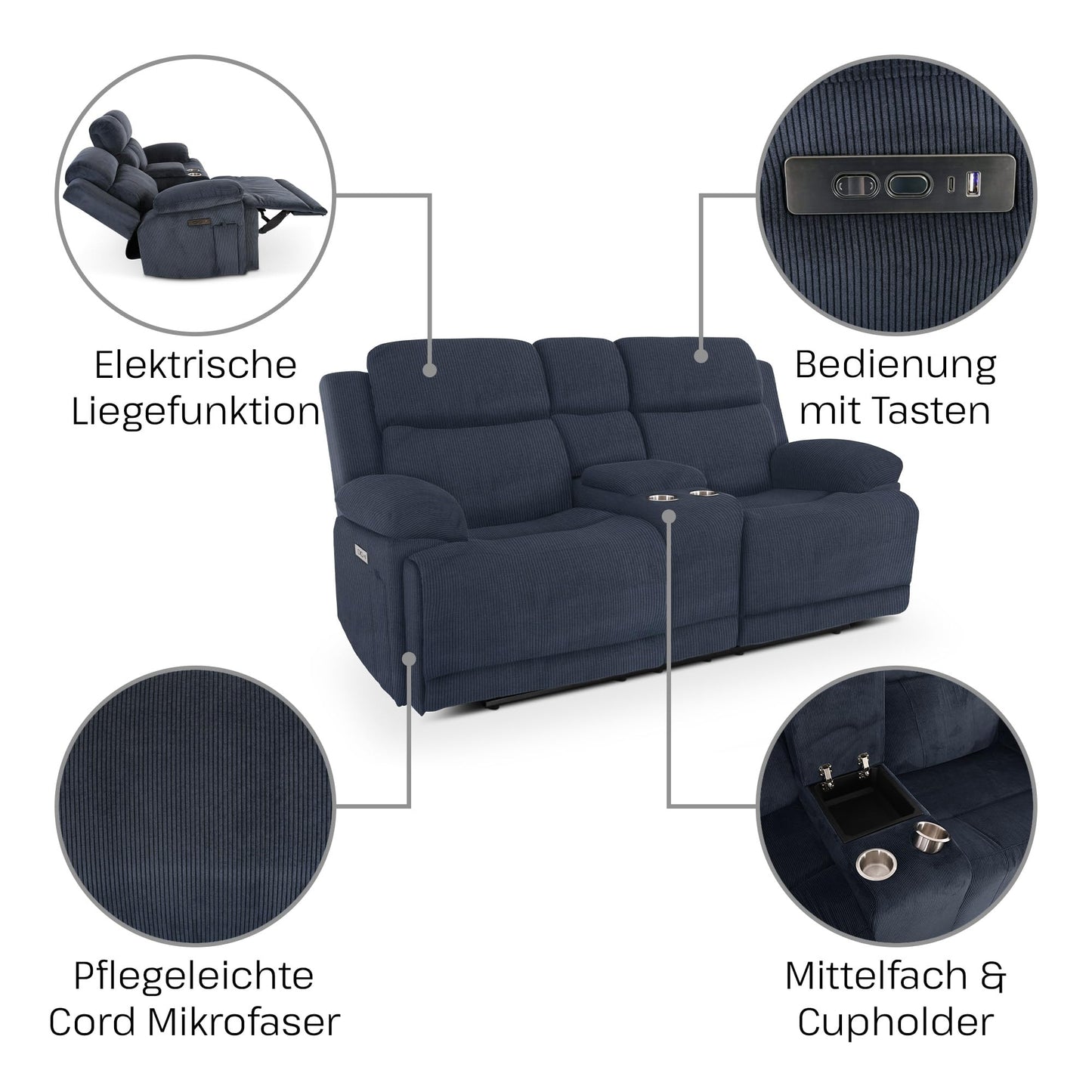 **Raburg Kinosessel 2er-Set Snax | Elektrischer Relax- & Liegesessel, Getränkehalter, Snackfach, Cord-Mikrofaser, Dunkelblau**