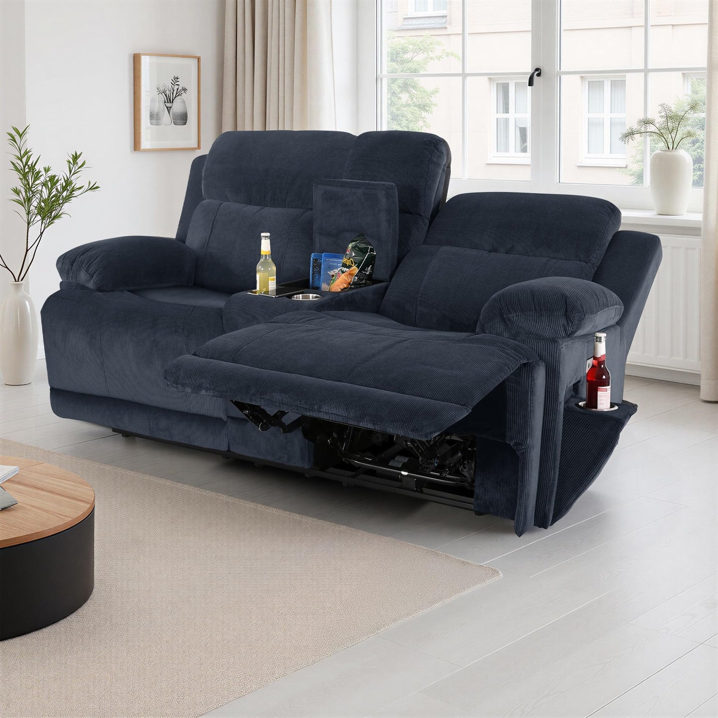 **Raburg Kinosessel 2er-Set Snax | Elektrischer Relax- & Liegesessel, Getränkehalter, Snackfach, Cord-Mikrofaser, Dunkelblau**