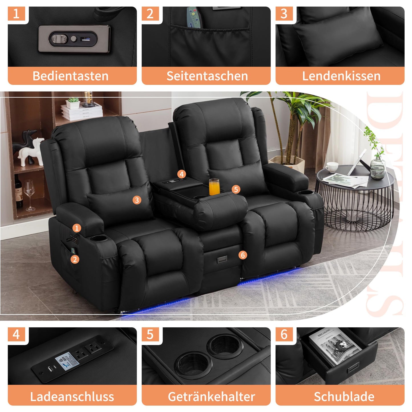 **SnyFivv Elektrischer Relaxsessel 2-Sitzer | Liegefunktion, Heizung & Massage, USB/Type-C, Getränkehalter, Kunstleder, Schwarz**